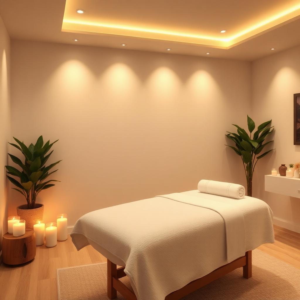 Calm, warmly lit massage room